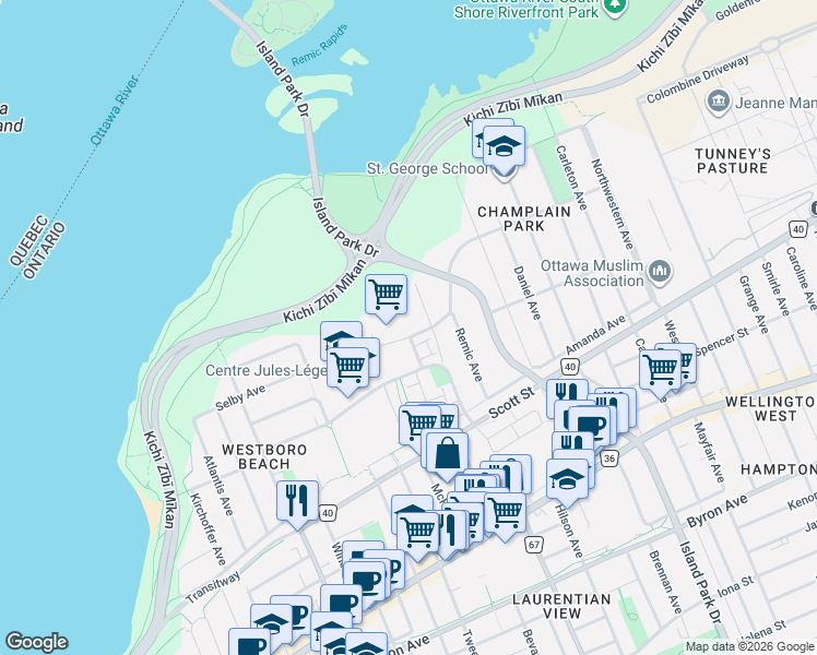 map of restaurants, bars, coffee shops, grocery stores, and more near 185 Clearview Avenue in Ottawa