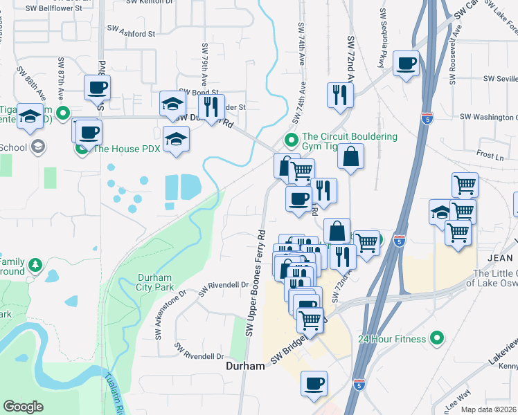 map of restaurants, bars, coffee shops, grocery stores, and more near 16546 Southwest Deer Terrace in Portland