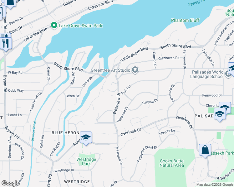 map of restaurants, bars, coffee shops, grocery stores, and more near 17339 Westview Drive in Lake Oswego