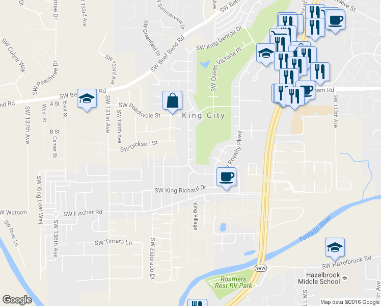 map of restaurants, bars, coffee shops, grocery stores, and more near 16520 Southwest King Charles Avenue in King City