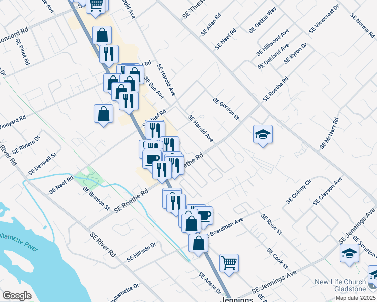 map of restaurants, bars, coffee shops, grocery stores, and more near 4519 Southeast Roethe Road in Milwaukie