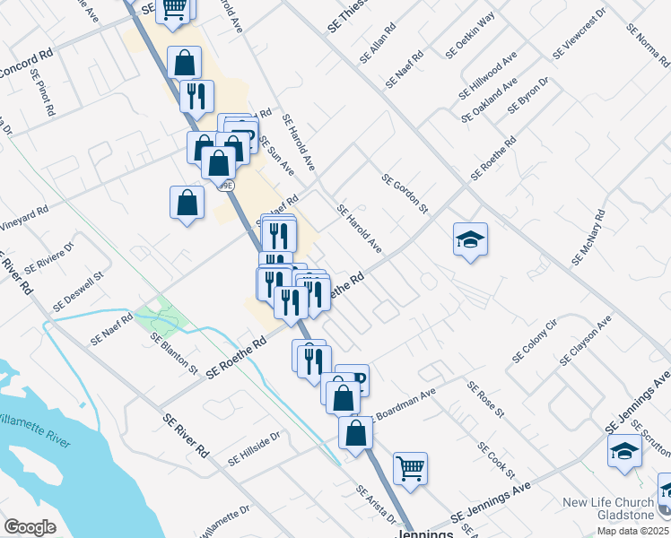 map of restaurants, bars, coffee shops, grocery stores, and more near 4407 Southeast Roethe Road in Portland