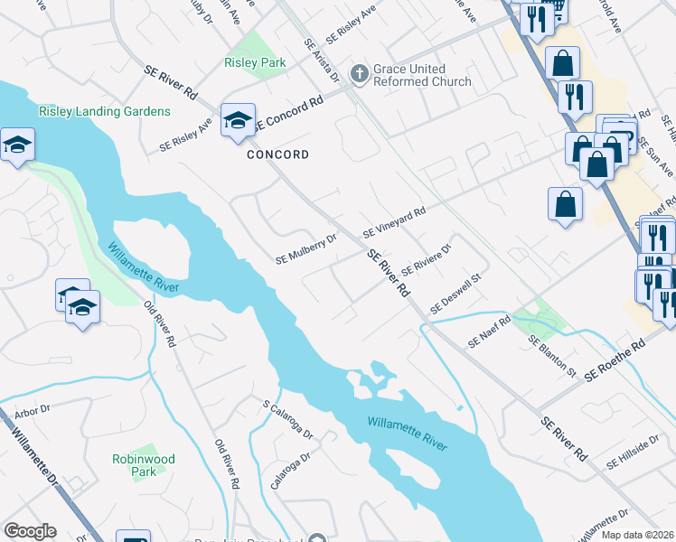 map of restaurants, bars, coffee shops, grocery stores, and more near 2804 Southeast Vineyard Way in Milwaukie