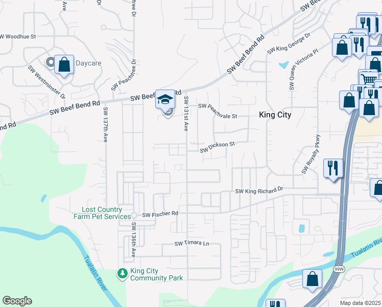 map of restaurants, bars, coffee shops, grocery stores, and more near 16503 Southwest 130th Avenue in King City