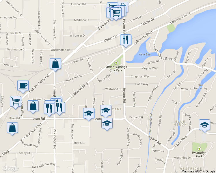 map of restaurants, bars, coffee shops, grocery stores, and more near 4731 Wildwood Street in Lake Oswego