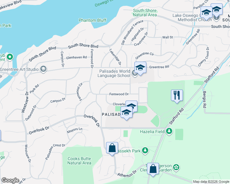 map of restaurants, bars, coffee shops, grocery stores, and more near 1795 Fernwood Dr in Lake Oswego