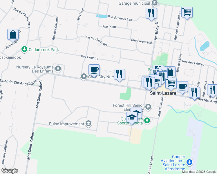 map of restaurants, bars, coffee shops, grocery stores, and more near 2068 Chemin Sainte Angélique in Saint-Lazare