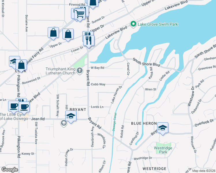 map of restaurants, bars, coffee shops, grocery stores, and more near 4222 Cobb Way in Lake Oswego