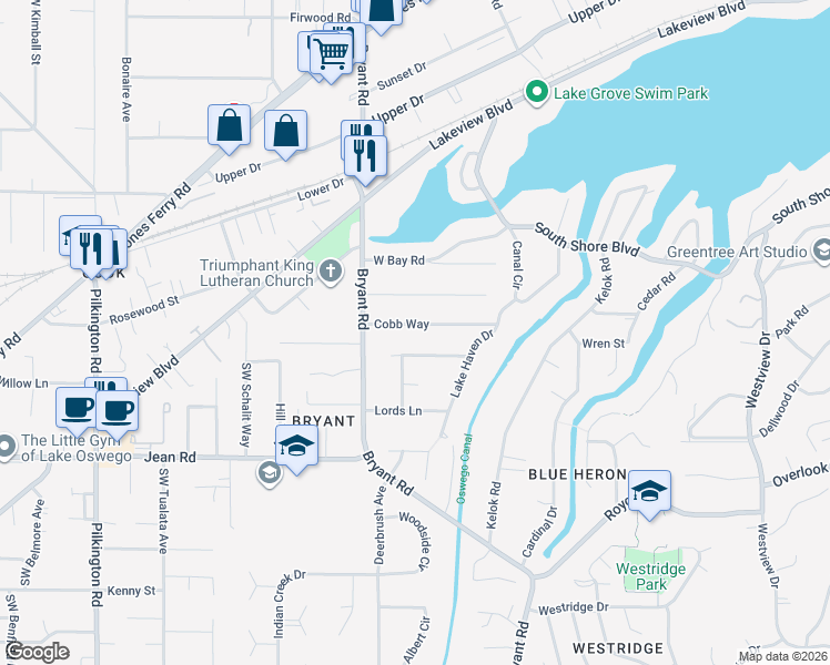 map of restaurants, bars, coffee shops, grocery stores, and more near 4282 Cobb Way in Lake Oswego