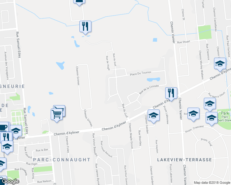 map of restaurants, bars, coffee shops, grocery stores, and more near 1 Rue du Tournoi in Gatineau