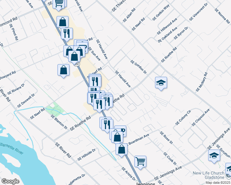 map of restaurants, bars, coffee shops, grocery stores, and more near 4519 Southeast Roethe Road in Milwaukie