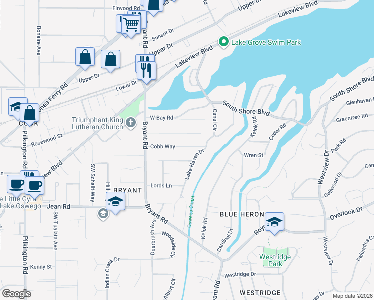 map of restaurants, bars, coffee shops, grocery stores, and more near 4188 Cobb Way in Lake Oswego