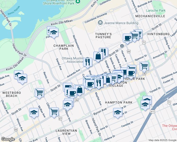map of restaurants, bars, coffee shops, grocery stores, and more near 12 Western Avenue in Ottawa