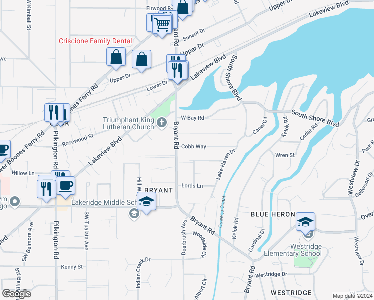 map of restaurants, bars, coffee shops, grocery stores, and more near 4400 Cobb Way in Lake Oswego
