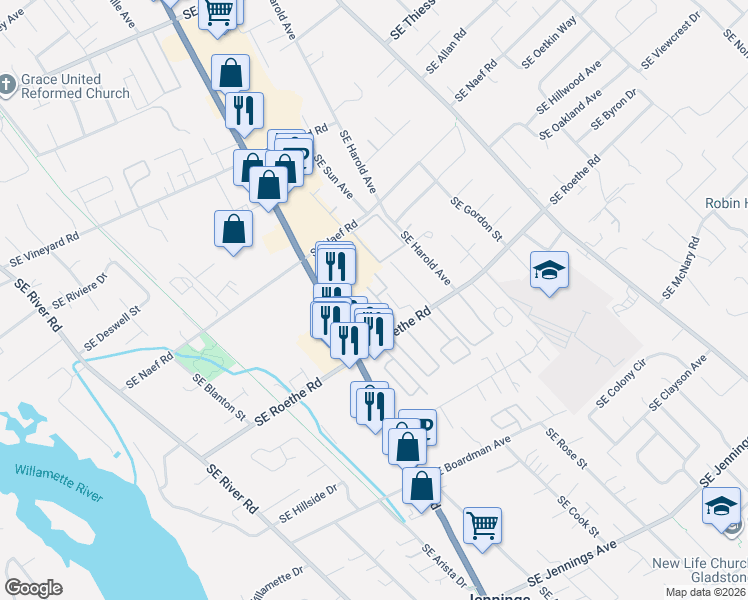 map of restaurants, bars, coffee shops, grocery stores, and more near 4407 Southeast Roethe Road in Portland