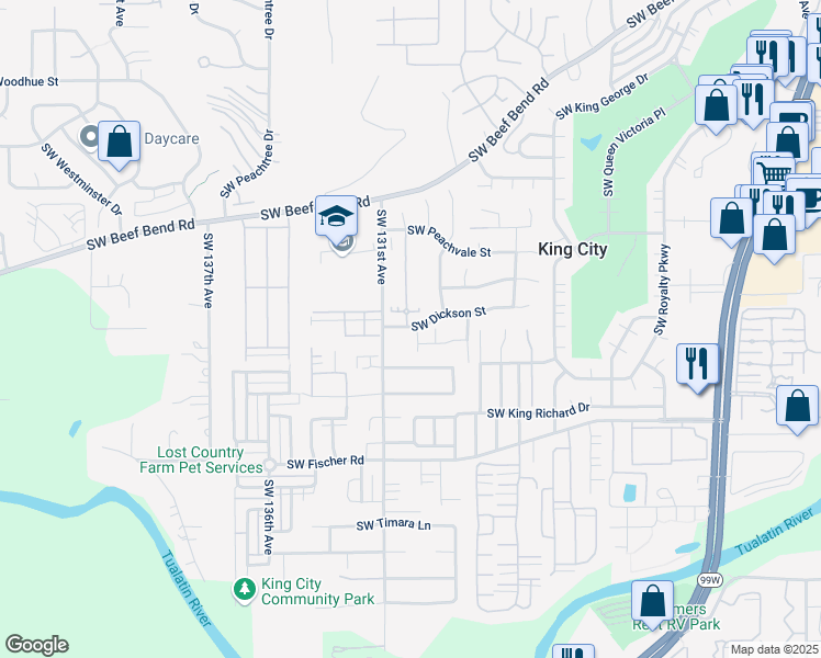 map of restaurants, bars, coffee shops, grocery stores, and more near 16503 Southwest 130th Avenue in King City