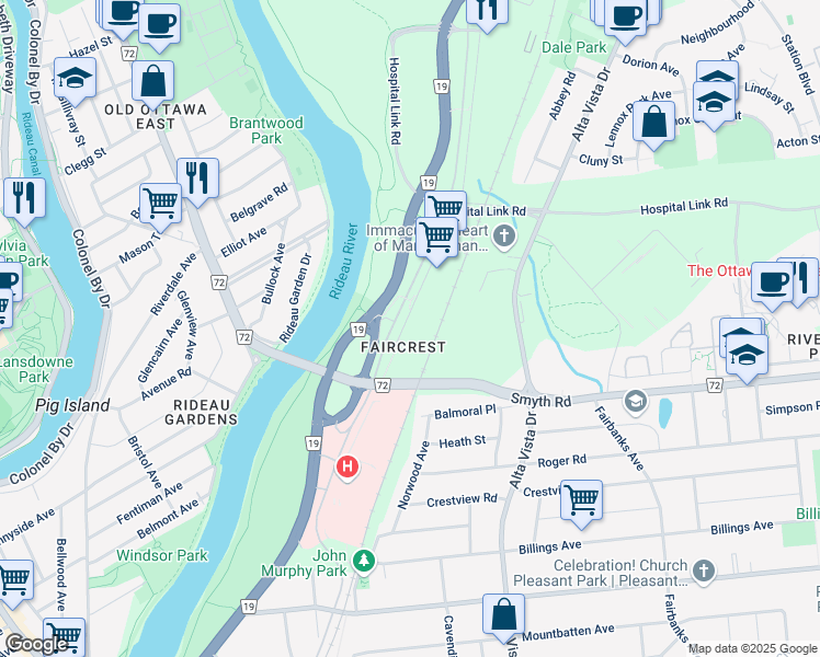 map of restaurants, bars, coffee shops, grocery stores, and more near 1801 Frobisher Lane in Ottawa