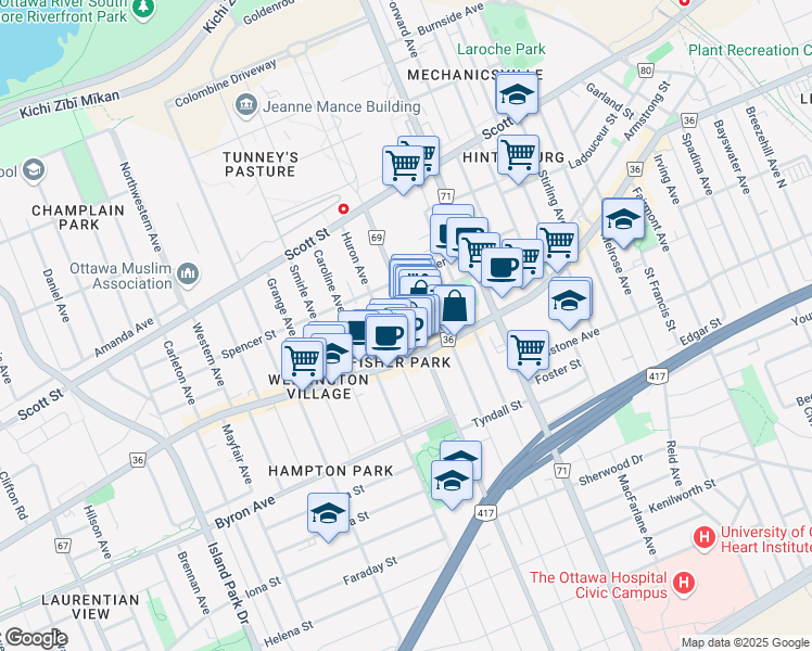 map of restaurants, bars, coffee shops, grocery stores, and more near 95 Holland Avenue in Ottawa