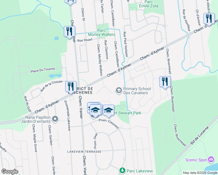 map of restaurants, bars, coffee shops, grocery stores, and more near 105 Rue Nancy-Elliott in Gatineau