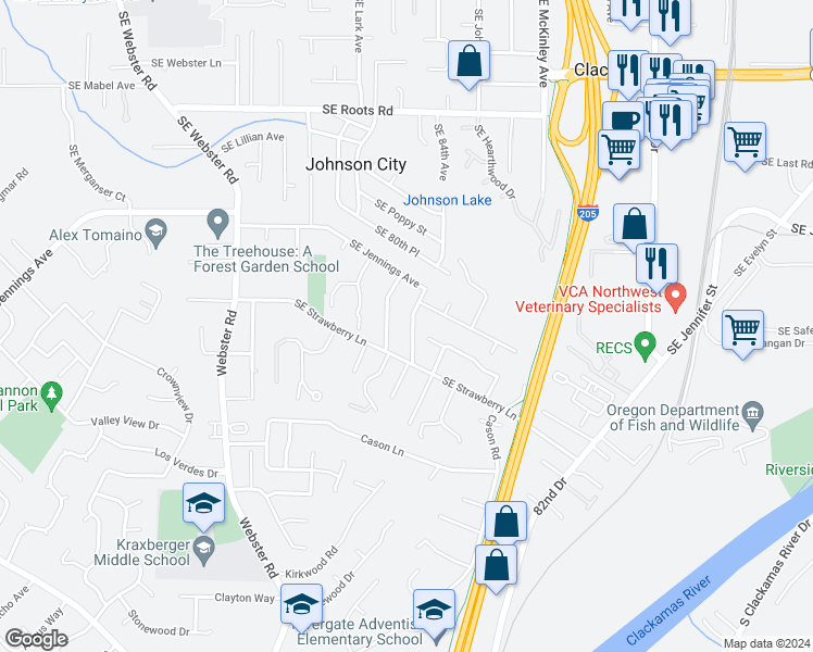 map of restaurants, bars, coffee shops, grocery stores, and more near 16883 Southeast Fragrance Avenue in Milwaukie
