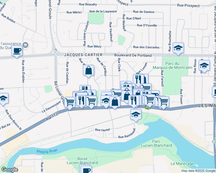map of restaurants, bars, coffee shops, grocery stores, and more near 122 Rue de Carillon in Sherbrooke
