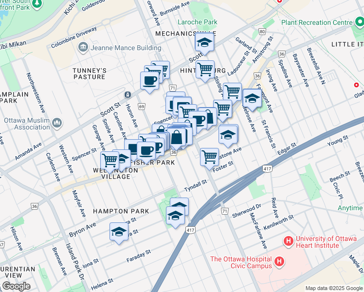 map of restaurants, bars, coffee shops, grocery stores, and more near 85 Hinton Avenue North in Ottawa