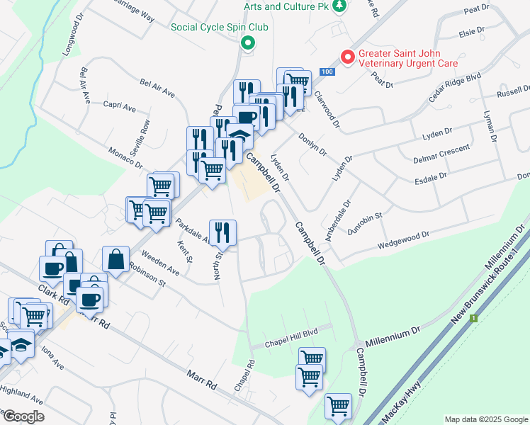 map of restaurants, bars, coffee shops, grocery stores, and more near 25 Hillsview Crescent in Rothesay