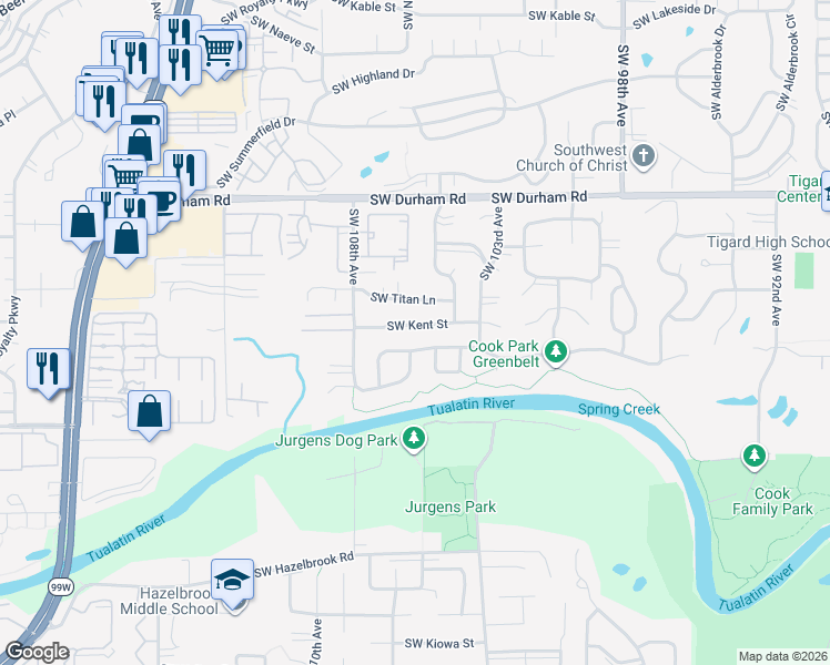 map of restaurants, bars, coffee shops, grocery stores, and more near 10526 Southwest Kent Street in Tigard