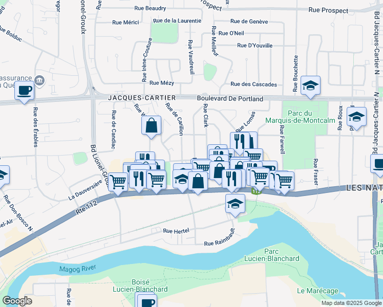 map of restaurants, bars, coffee shops, grocery stores, and more near 121 Rue Morris in Sherbrooke