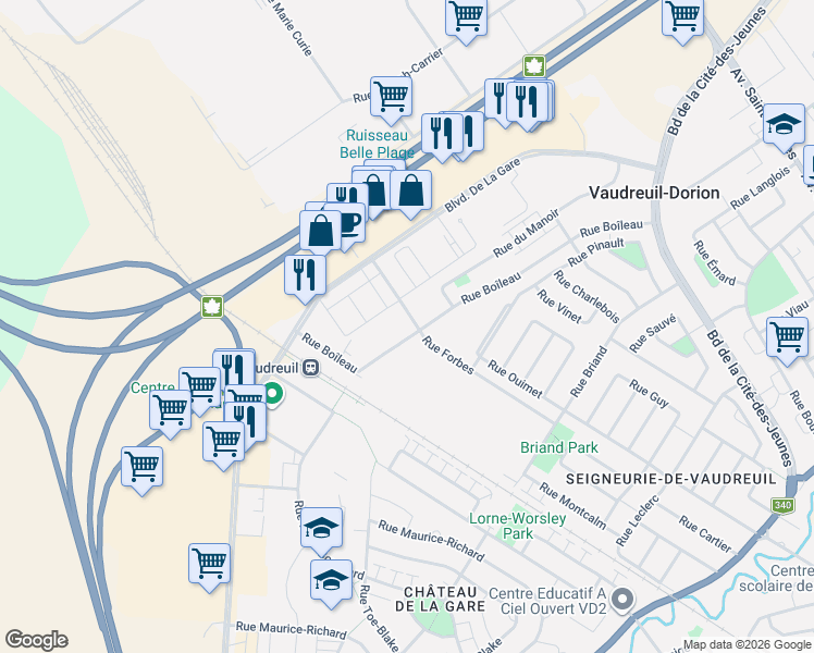 map of restaurants, bars, coffee shops, grocery stores, and more near 600 Rue Forbes in Vaudreuil-Dorion