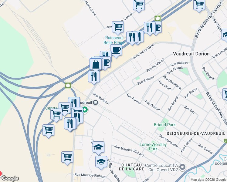 map of restaurants, bars, coffee shops, grocery stores, and more near 460 Rue Boîleau in Vaudreuil-Dorion