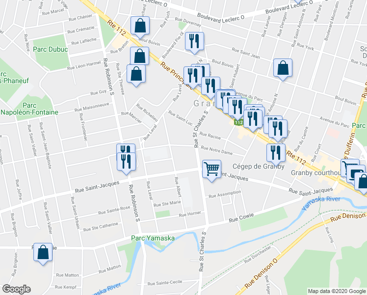 map of restaurants, bars, coffee shops, grocery stores, and more near 412 Rue Notre-Dame in Granby