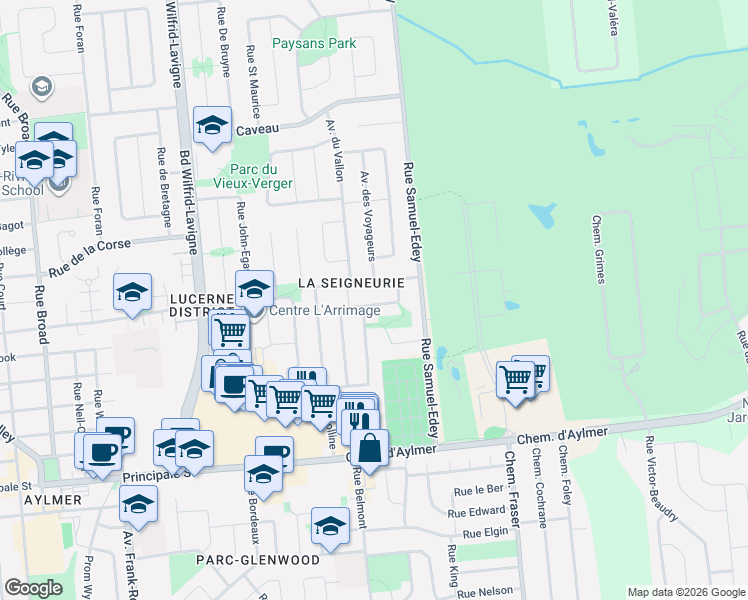 map of restaurants, bars, coffee shops, grocery stores, and more near 248 Rue des Fondateurs in Gatineau