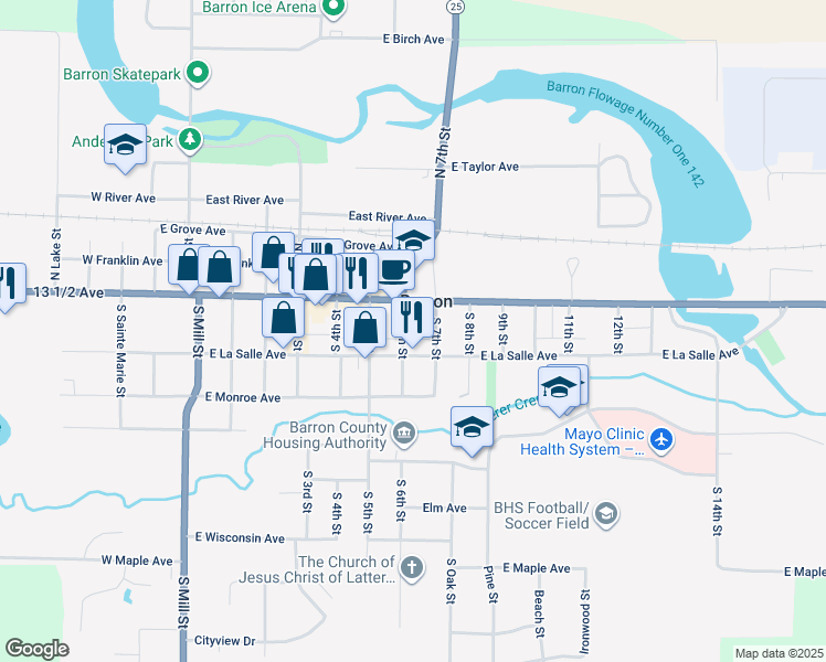 map of restaurants, bars, coffee shops, grocery stores, and more near 40 South 6th Street in Barron
