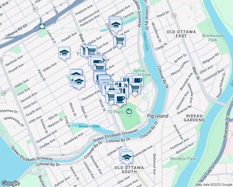 map of restaurants, bars, coffee shops, grocery stores, and more near 101 Holmwood Avenue in Ottawa