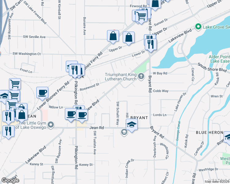 map of restaurants, bars, coffee shops, grocery stores, and more near 17423 Southwest Schalit Way in Lake Oswego