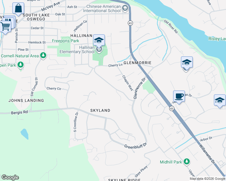map of restaurants, bars, coffee shops, grocery stores, and more near 1492 Glenmorrie Drive in Lake Oswego