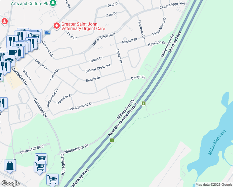 map of restaurants, bars, coffee shops, grocery stores, and more near 39 Wedgewood Drive in Rothesay