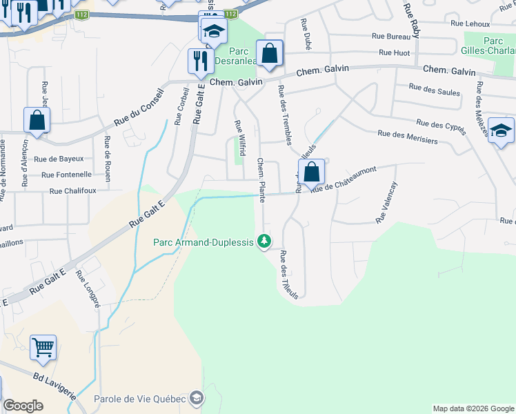 map of restaurants, bars, coffee shops, grocery stores, and more near 499 Chemin Plante in Sherbrooke