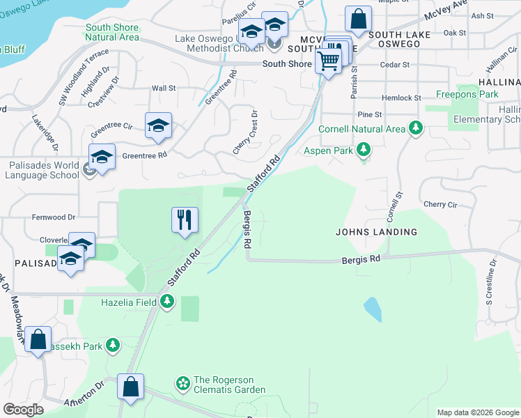 map of restaurants, bars, coffee shops, grocery stores, and more near 17464 Ridgeview Court in Lake Oswego