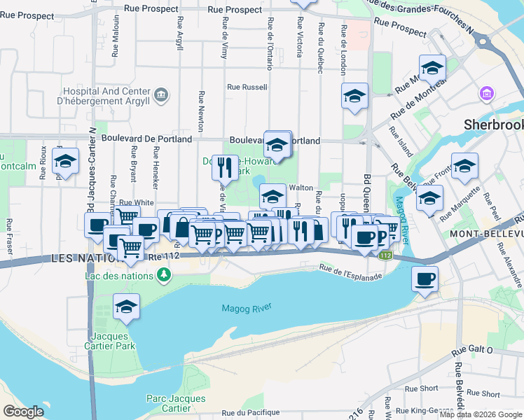 map of restaurants, bars, coffee shops, grocery stores, and more near 135 Rue de l'Ontario in Sherbrooke