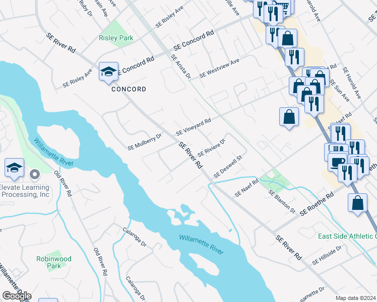 map of restaurants, bars, coffee shops, grocery stores, and more near Southeast River Road in Milwaukie
