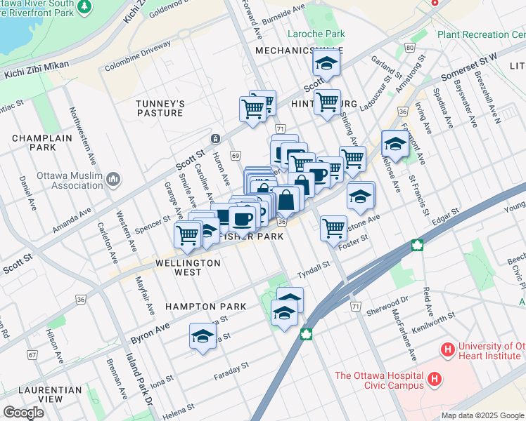 map of restaurants, bars, coffee shops, grocery stores, and more near 93 Holland Avenue in Ottawa