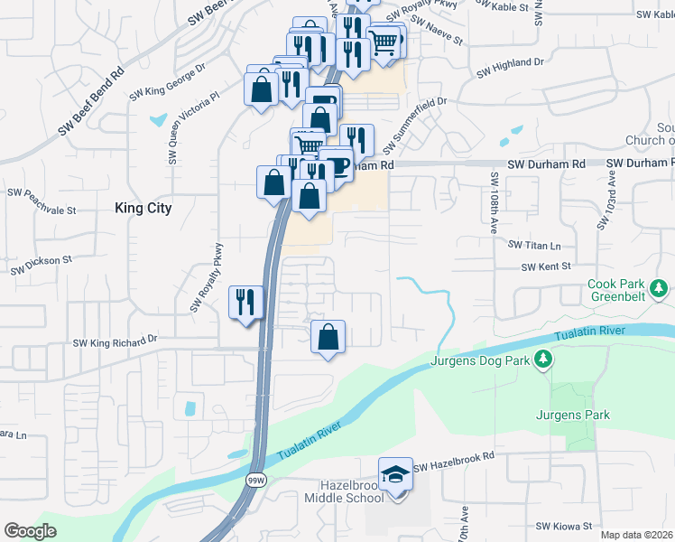 map of restaurants, bars, coffee shops, grocery stores, and more near 11480 Southwest Royal Villa Drive in Tigard