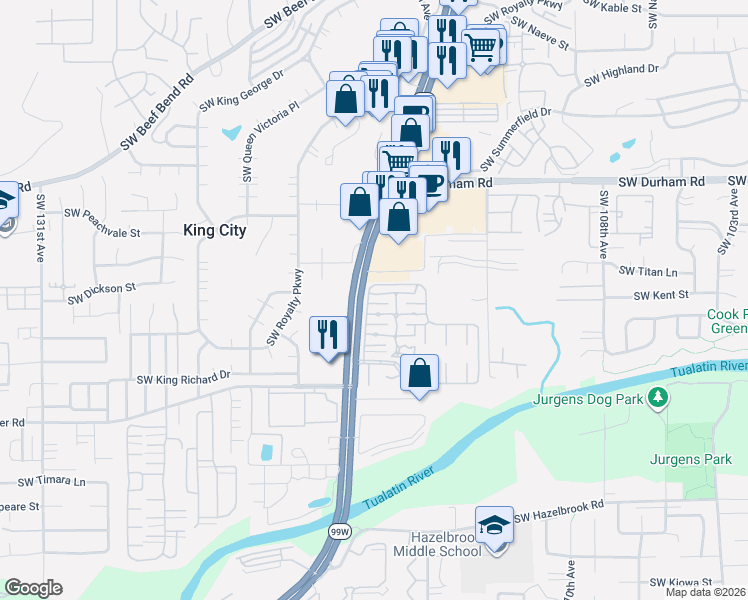map of restaurants, bars, coffee shops, grocery stores, and more near 11676 Southwest Royal Villa Drive in Tigard