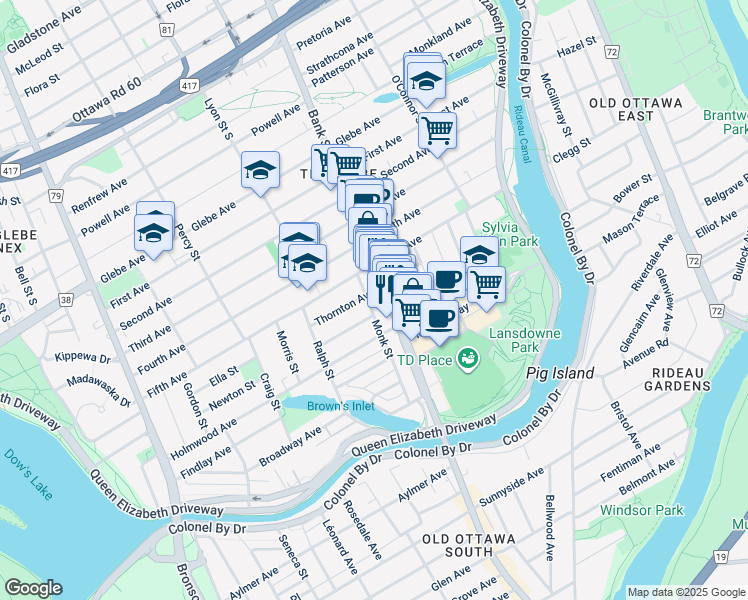 map of restaurants, bars, coffee shops, grocery stores, and more near 864 Bank Street in Ottawa