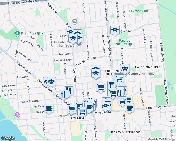map of restaurants, bars, coffee shops, grocery stores, and more near 40 Rue des Chateaux des Bois in Gatineau