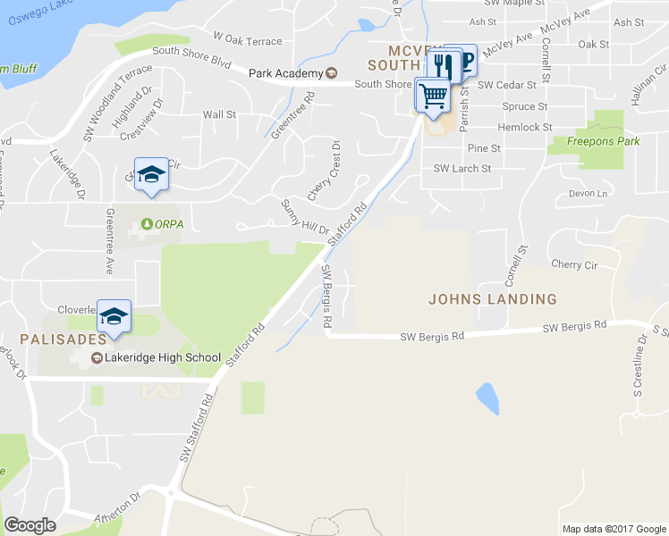 map of restaurants, bars, coffee shops, grocery stores, and more near 17375 Ridgeview Court in Lake Oswego
