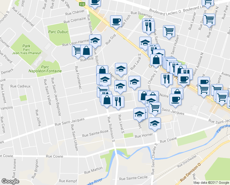 map of restaurants, bars, coffee shops, grocery stores, and more near 109 Rue Laval Sud in Granby