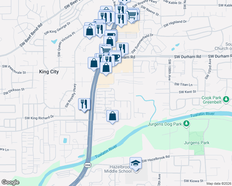 map of restaurants, bars, coffee shops, grocery stores, and more near 11480 Southwest Royal Villa Drive in Tigard